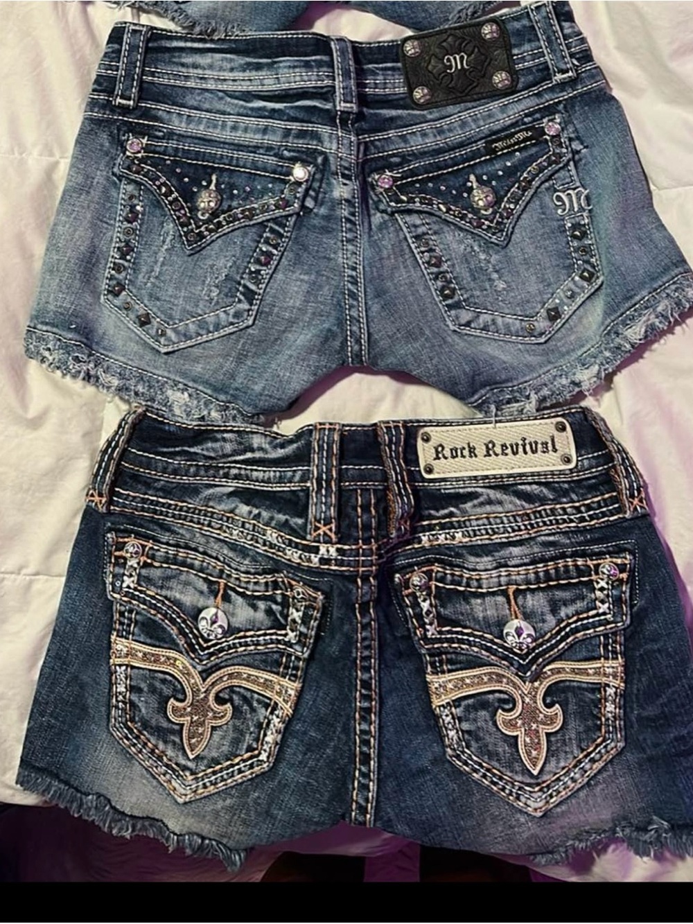 Miss Mae & Rock Revival Embellished Distressed Denim Shorts in Blue